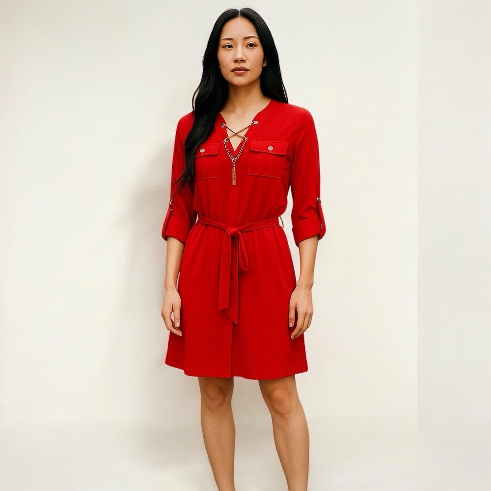 Michael Kors Red Roll Sleeve Chain Lace Belted Knee Length Womens S Dress
